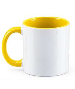 TAZA BLANCA BICOLOR CON ASA DE COLOR AMARILLA