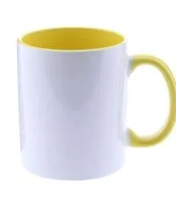 TAZA BLANCA BICOLOR CON ASA DE COLOR AMARILLA