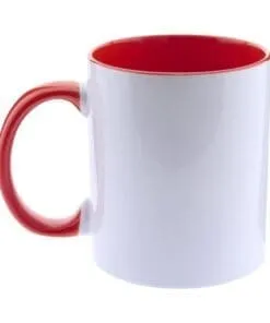 TAZA BLANCA BICOLOR CON ASA DE COLOR ROJO