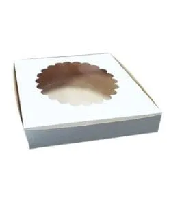 CAJA DE CARTÓN BLANCO CON VENTANA TIPO FLOR DE 10" PULGADAS