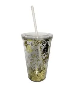 VASO PLASTICO DOBLE PARED GLITTER DORADO