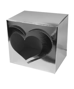 CAJA SUBLIMABLE PLATEADA CON VENTANA DE CORAZON PARA TAZA DE 11 ONZAS