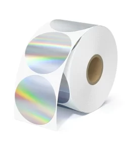 ROLLO DE ETIQUETA TERMICA REDONDA HOLOGRAFICA PLATEADA