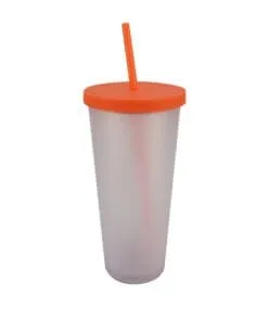 VASO CON PAJILLA Y TAPADERA COLOR NARANJA DE 24 ONZAS