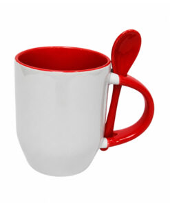 TAZA SUBLIMABLE CON INTERIOR Y CUCHARA COLOR ROJA